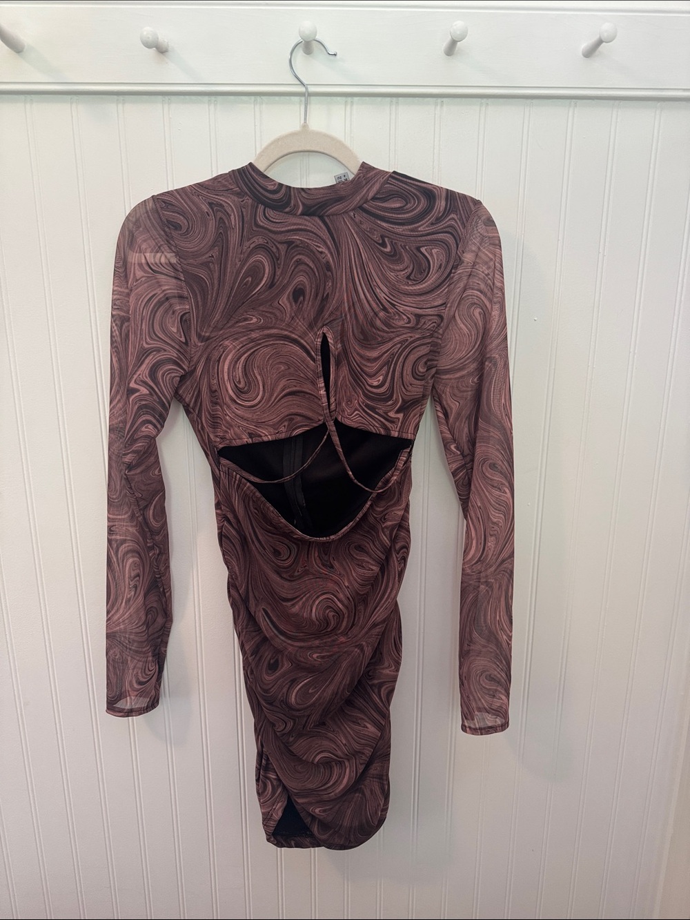 Swirl-Print Long Sleeve Cutout Bodycon Dress - Brown Swirl